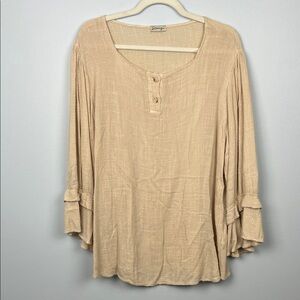 Sooniya large boho textured linen blend neutral Henley neckline women’s top